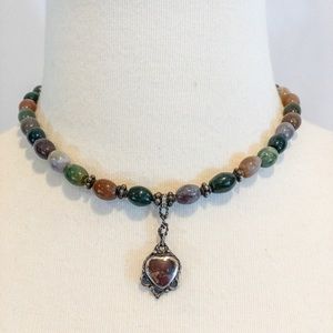 Agate and jasper beaded necklace with silver and stone heart pendant